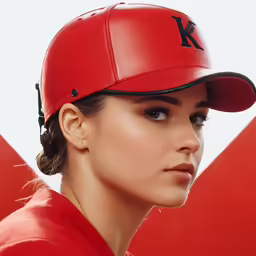the model wearing a red hat with k on it