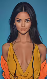 a woman with an orange top posing for a photo