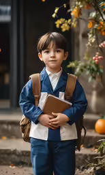 boy in suit and tie standing on steps with his hands folded around his chest