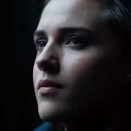 a woman looks into the distance in the dark