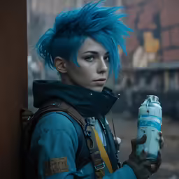 there is a girl that has a blue wig holding a bottle