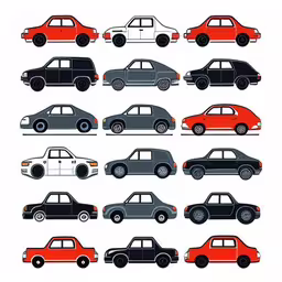 several different colored cars in a row,a set of nine different cars on a white background,several different types of cars in various colors,a collection of vintage cars are arranged in an array,many different cars in different colors are depicted