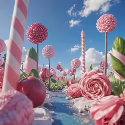 a surreal, pink garden is shown against a blue sky