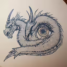 a drawing of a dragon with a spirally eyeball in the center
