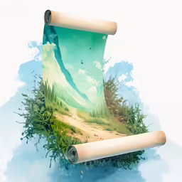 the scene shows a path on an old paper and mountains, clouds and forest