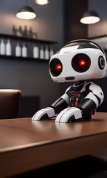 a robot is sitting on a table with red lights