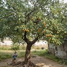 a man standing under an orange tree on dirt road