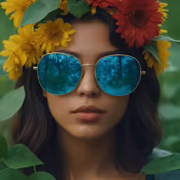 a young woman wearing a wreath of sunflowers and blue sunglasses