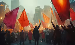 a man waving flags and protesting during a rally