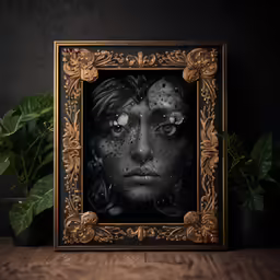 a painting with eyes and a face with black dots on it
