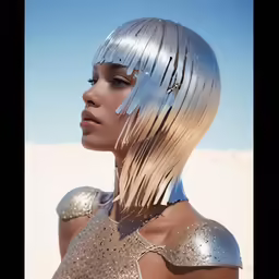a woman with silver hair and a dress