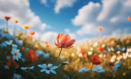 a field full of orange and white flowers under a blue sky