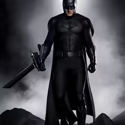 a man in batman suit with a sword and an evil mask on