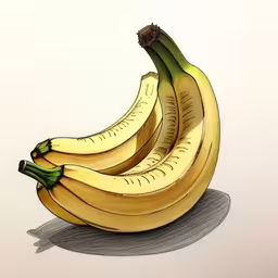 three yellow bananas sitting on top of a white surface,three yellow bananas with the ends still on them,some bananas with one cut in half on a white background,two ripe bananas on a piece of paper,a drawing of bunches of bananas on top of a white table