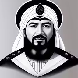 the face of a man wearing a turban with two swords