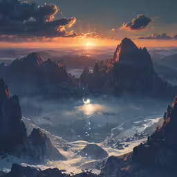 a computer generated photograph with snow covered mountains and a sky that has a bright sun in the distance