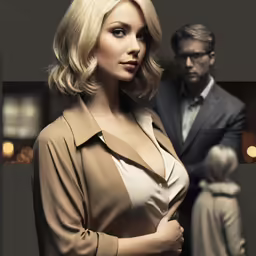 a woman that is standing up wearing an elegant suit
