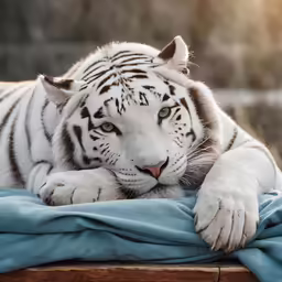 a white tiger laying on top of a blue blanket