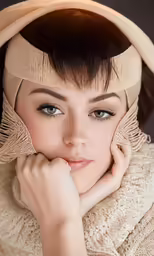 the beautiful young woman with the brown hair is wearing a scarf