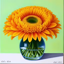 a painting of an orange flower in a blue vase,a painting of an orange flower in a glass vase