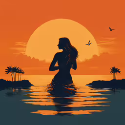 a woman standing on the water at sunset,a girl standing in water with a bird flying in the distance