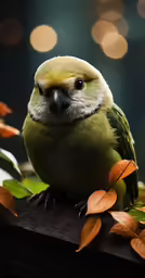 a close up of a bird on a branch with leaves