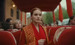 woman in a red and gold jacket standing near other people