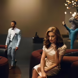 man and woman are sitting down for formal wear