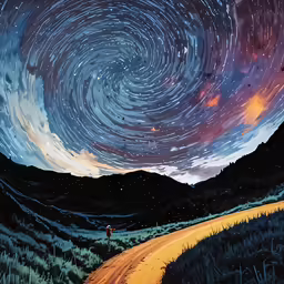 a painting of a long dirt road that leads up to a mountain with stars in the sky