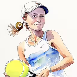 a painting of a woman holding a tennis racket and ball,a watercolor drawing of a female tennis player,a girl holding a tennis racquet and ball,a woman is playing tennis with her racket and ball,this painting depicts a woman playing tennis