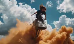an artistic image of a woman riding a horse and exploding it with dust