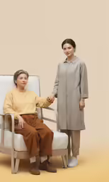 a woman sitting in a chair with her hand on the arm