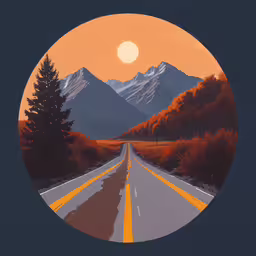 a painting of the road going through mountains,a digital painting of a road with a mountain in the background