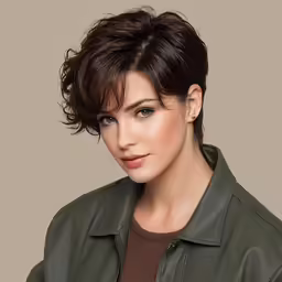 a woman wearing a green leather jacket with bangs