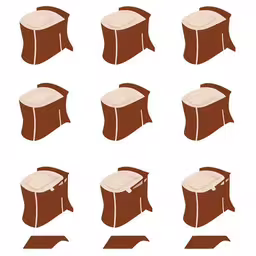 an illustration of various images of furniture from different angles,a series of several different pieces of chocolate,a variety of chairs in different positions and sizes,a drawing of several different views of the same object,a series of brown furniture on a white background
