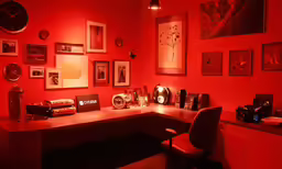 a desk with a desk lamp, pictures and a red wall