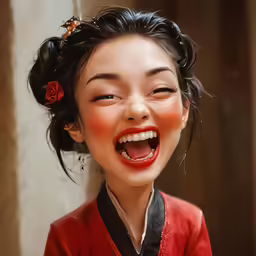 the young child smiles broadly wearing a red dress