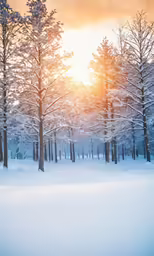 trees with a snowy ground and a light on in the background