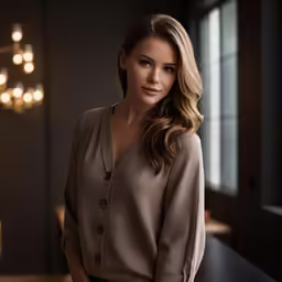 a woman wearing a light brown top and black pants