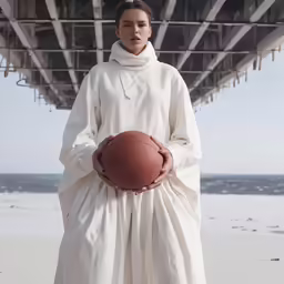 a young woman is holding a basketball outside