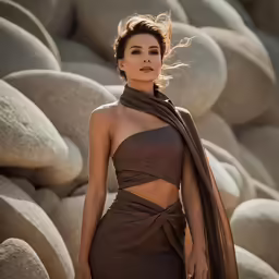 woman with scarf on standing outside near rocks