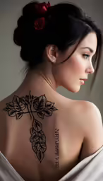 a woman with a red flower tattoo on her upper back