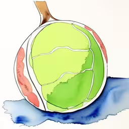 a green tennis ball is sitting on the blue water,a watercolor drawing of a green tennis ball,there is a tennis ball on the water,a watercolor painting shows a ball with the surface of the ball painted white and blue,a watercolor drawing of a tennis ball in blue and green