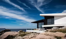 a house on a rock - strewn island with a blue sky and some clouds above it
