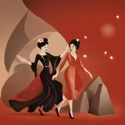 two ladies walking together with an abstract design