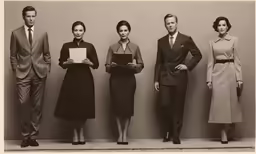 five people are lined up against a wall