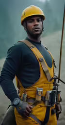 a man in safety gear holds onto some wood sticks