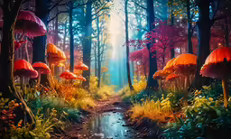 the sun shining through a forest with many mushrooms