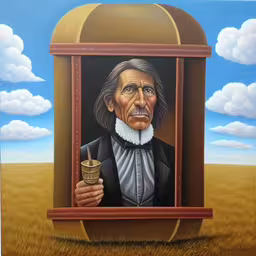 a painting of a man holding a glass and looking out of a window,a painting of an old man holding a coffee cup