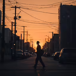 a man walking down the middle of a sidewalk at sunset